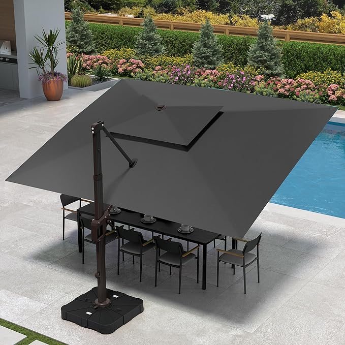 9' X 12' Cantilever Patio Umbrella Outdoor with Base Included Heavy Duty Double Top Windproof Rectangle Offset Umbrellas with 360-degree Rotation for Pool Deck Backyard, Grey