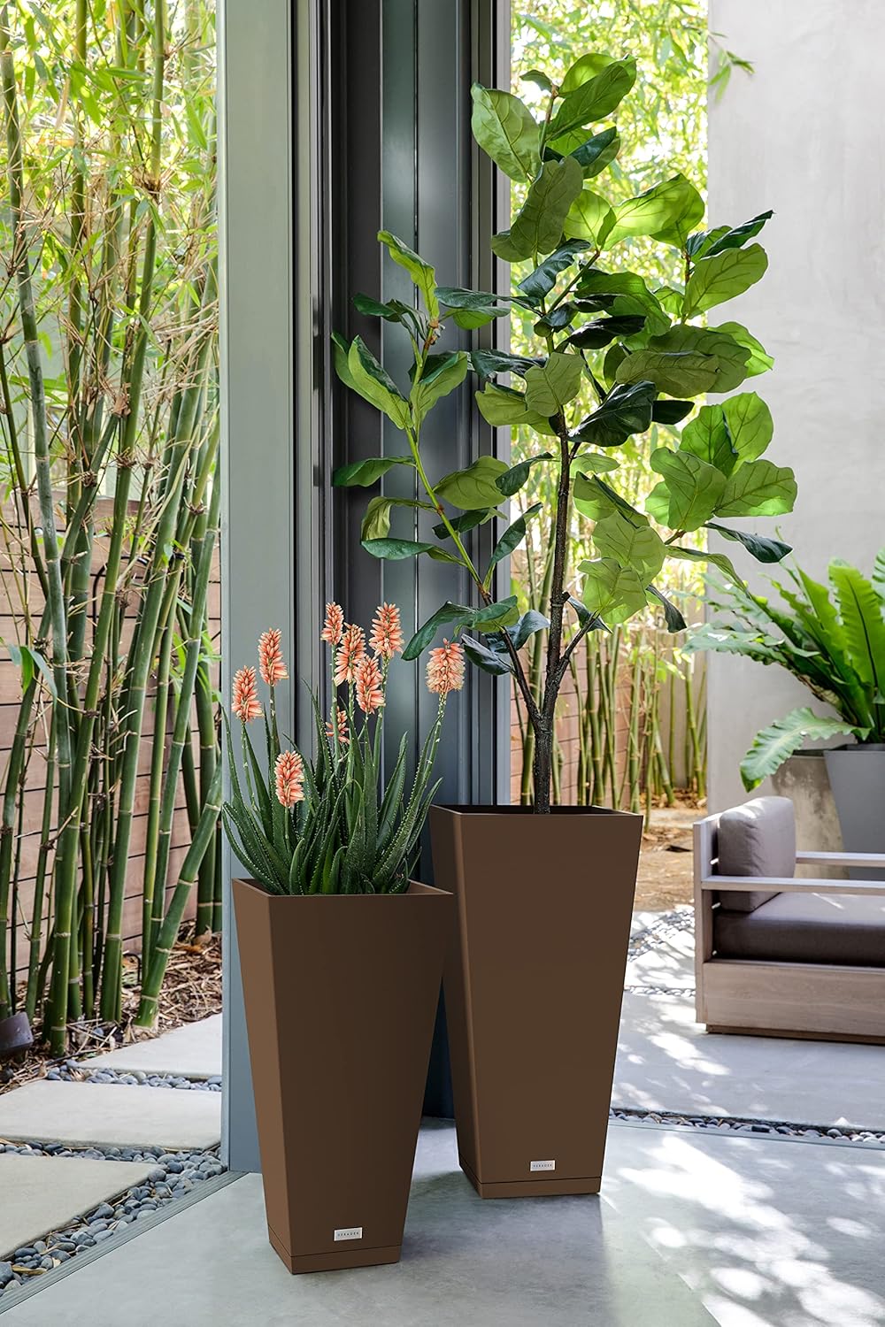 Veradek V-Resin Indoor/Outdoor Taper Planter (Espresso, 30 inch - 2 Pack with 2 Saucer Trays)
