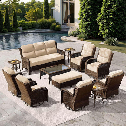 HILLGA Luxury Patio Furniture Set with 6-Inch Thick Cushions, High Back Outdoor Swivel Rocker Chairs and Patio Couch, 13-Piece All Weather Conversation Set for Porch Deck Pool Yard, Beige (V3)