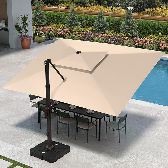 9' X 12' Cantilever Patio Umbrella Outdoor with Base Included Heavy Duty Double Top Windproof Rectangle Offset Umbrellas with 360-degree Rotation for Pool Deck Backyard, Beige