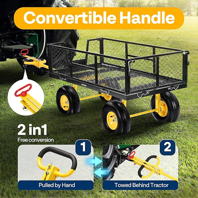VIVOHOME Garden Cart Steel Heavy Duty 900 LBS Yard and Garden Wagon with 10 inch Tire and Handle Attach to ATV or Tractor Black