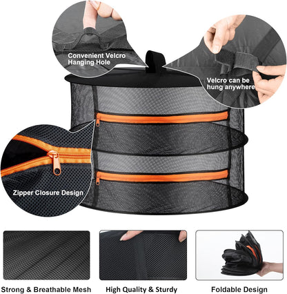 Desy & Feeci Herb Drying Rack- 2ft Diameter 2 Layer Folding Mesh Hanging Basket Dryer Net with Zippers for Seeds Flowers Buds Plants Garden Outdoor Bumper Harvest(D24xH16 inch)