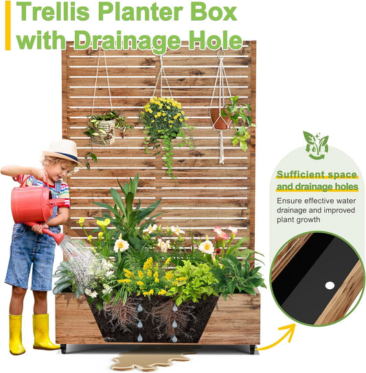 FENCY Metal Raised Garden Bed with Wheels and Trellis,73"x47"x16" Planter Box for Climbing Plants, Vegetables & Vines, Features Privacy Screen and Drainage Holes (Wood Color)