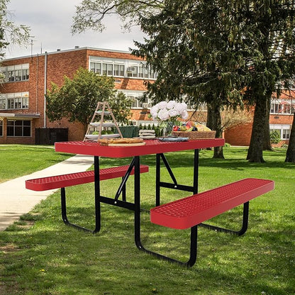 72'' Rectangular Metal Picnic Table for Outdoors,Heavy-Duty Portable Commercial Picnic Tables Bench Set with Umbrella Hole,School Canteen Table W/Seats - Patio Dining Furniture for Patio Garden