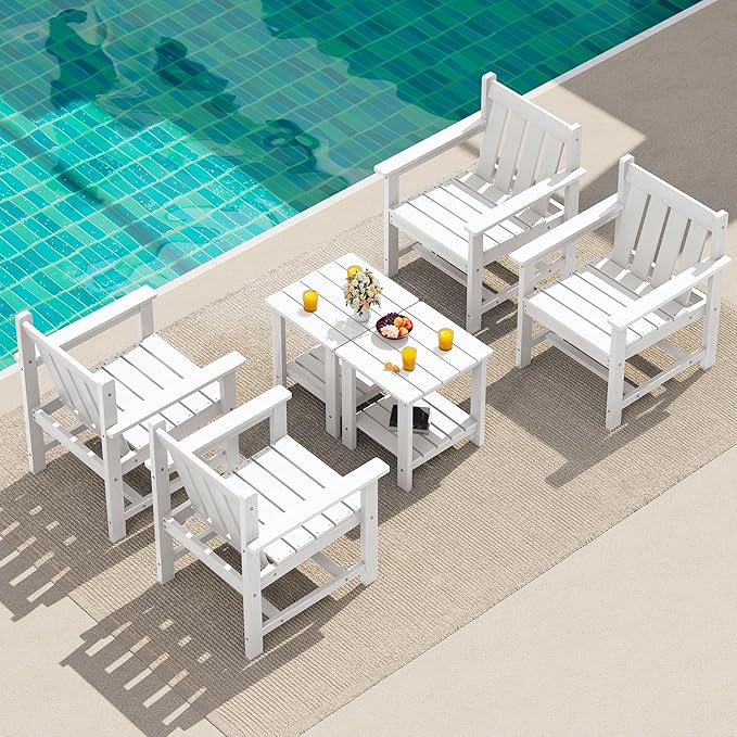 SEWRWALL 3 Pieces Patio Bistro Set, All Weather Adirondack Chair Set with Side Table, HDPE Material Outdoor Patio Furniture Set for Balcony, Porch, Garden, Backyard- White