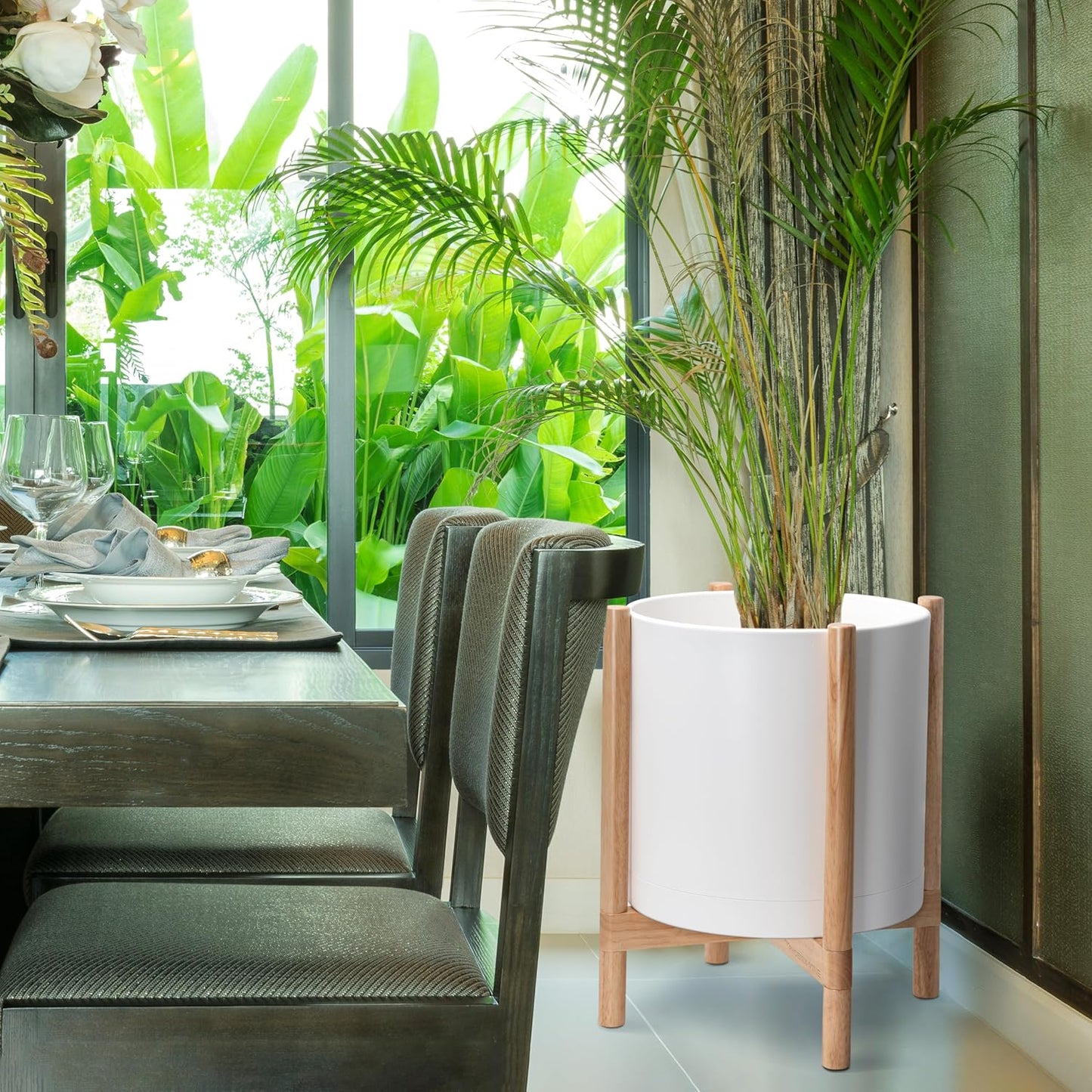 D'vine Dev Planter Pot with Stand - 16 Inch Plastic Cylinder Flower Pot with Wood Planter Holder for Indoor, Matte White Pot + Natural Stand, 55-C-Y-1