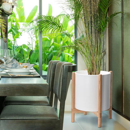 D'vine Dev Planter Pot with Stand - 16 Inch Plastic Cylinder Flower Pot with Wood Planter Holder for Indoor, Matte White Pot + Natural Stand, 55-C-Y-1