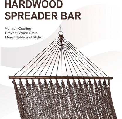 Lazy Daze Hammocks 10.5 FT Double 2 Person Caribbean Rope Hammock, Hand Woven Polyester Hammock with Spreader Bars for Outdoor Backyard Patio Poolside, 450 LBS Capacity, Brown