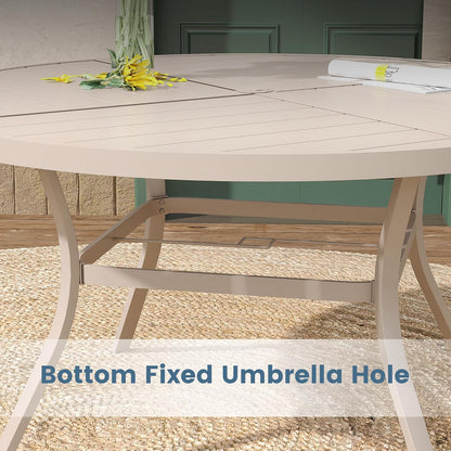 DIFY 53.1" Round Outdoor Patio Dining Table for 6-8, All-Weather Metal Steel Slatted Patio Table with 1.57" Adjustable Umbrella Hole, for Lawn Garden Porch Backyard, Sandshell