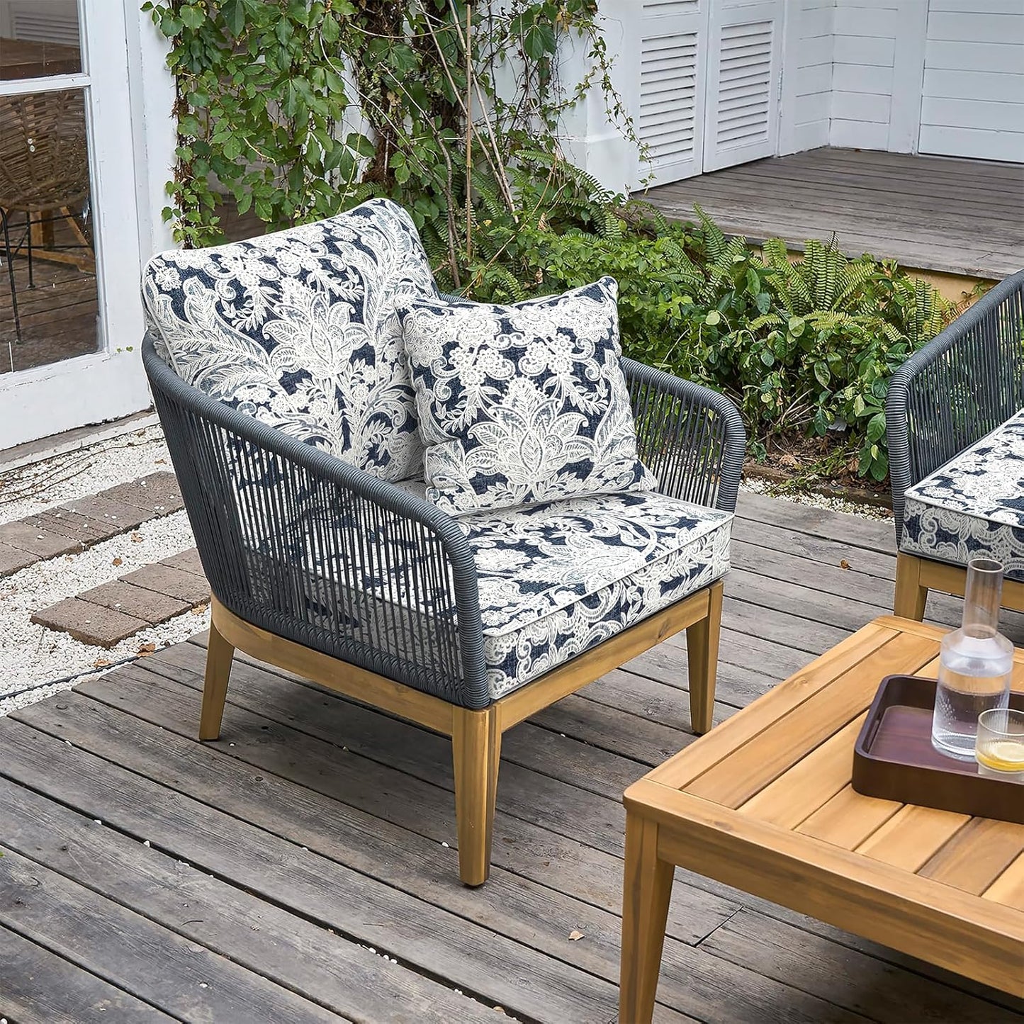 LVTXIII Outdoor/Indoor Deep Seat Cushion Patio Seat and Back Cushion Set All-Weather Replacement Chair Cushion for,Wicker Chairs and Garden Furniture Decoration, 24"x24"x4", Damask Lapis