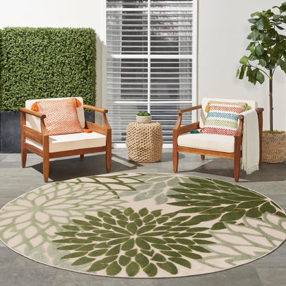 Nourison Home Aloha Indoor/Outdoor Ivory Green 5'3" x Round Area Rug, Easy Cleaning, Non-Shedding, Bed Room, Living Room, Dining Room, Backyard, Patio, Deck (5 Round)