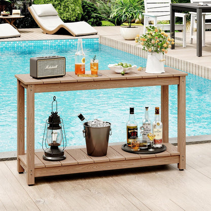 Outdoor Console Table, 48" Weather Resistant HIPS Patio Side Table, 440LBS Weight Capacity, 2-Tier Multifunctional Buffet Bar Storage Organizer for Garden Deck, Teak