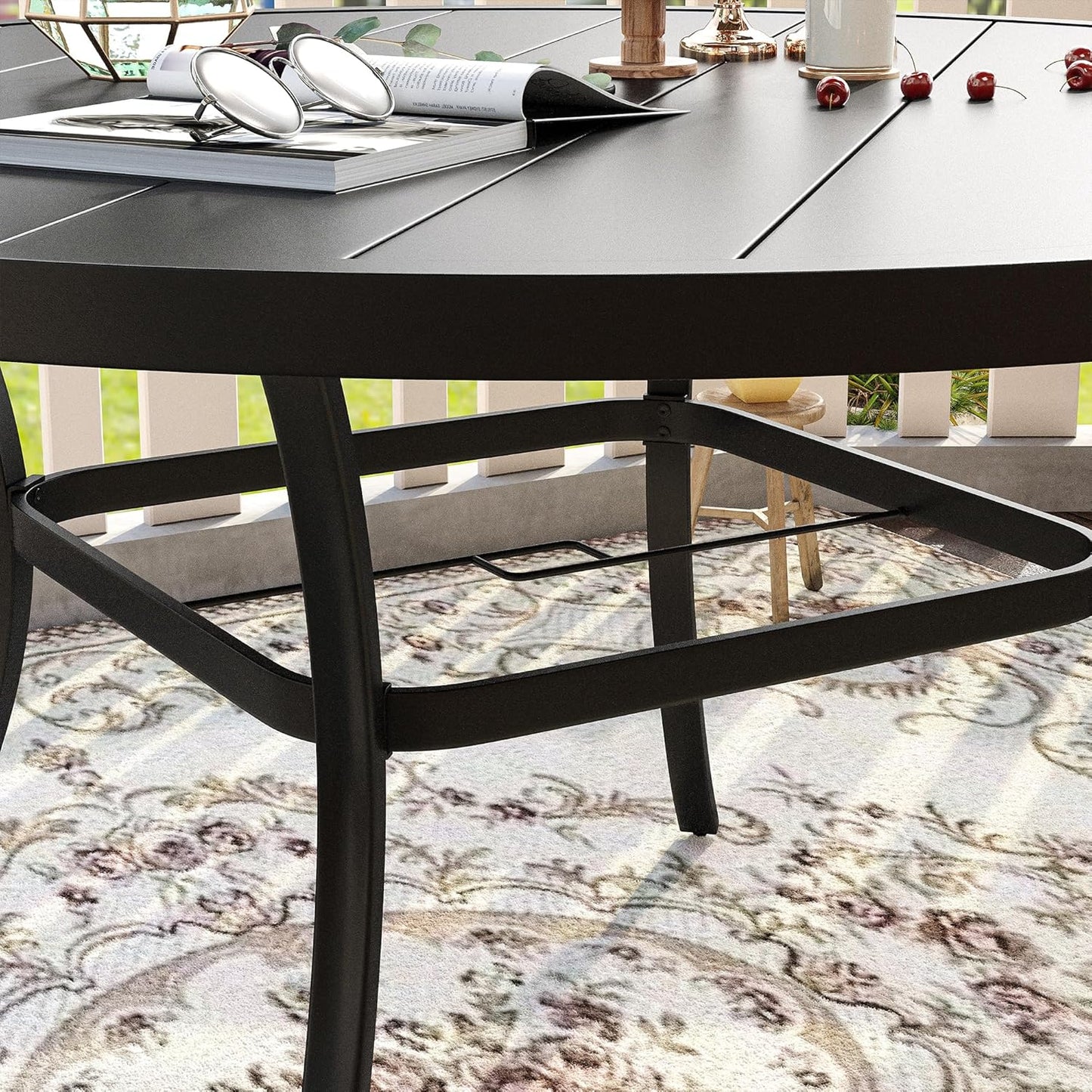 VICLLAX Patio Dining Set for 8, Outdoor Furniture Set Includes 53" Round Patio Table and 8 Patio Sling Chairs, Black Tabletop and Blue Fabric