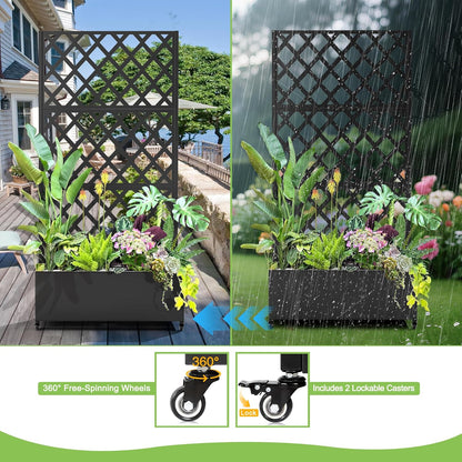 Metal Planter Trellis Box with Wheels & Drain Plug Outdoor Raised Garden Bed Patio Privacy Screen with Planter for Climbing Plants, Vegetables 73"x35"x16" Black-Diamond