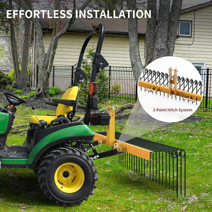 YITAMOTOR 60" Durable Powder Coated Steel Pine Straw Rake Steel Spring Landscape Rake Attaches to Cat-0 Cat-1,3 Point Hitch for Tractor, Yellow