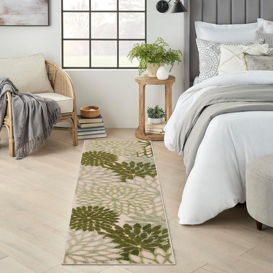 Nourison Home Aloha Indoor/Outdoor Ivory Green 2' x 6' Area Rug, Easy Cleaning, Non-Shedding, Bed Room, Living Room, Dining Room, Backyard, Patio, Deck (2x6)