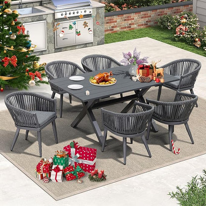 PURPLE LEAF 7 Pieces Outdoor Dining Set with Patio Aluminium Dining Table and Wicker Rattan Chairs Modern Furniture Cushions Sets for Backyard Indoor Decor Kitchen Grey
