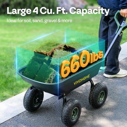 VIVOHOME 4 Cu.Ft 660lbs Wheelbarrow Garden Cart Dump Wagon with 2-in-1 Convertible Handle Attach to ATV or Tractor, 10" All Terrain Wheels, Quick Release System, Heavy Duty Utility Trailer for Yard