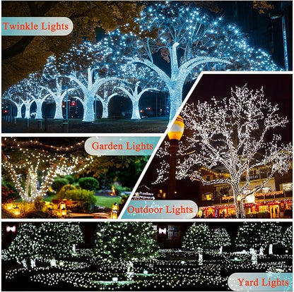OZS 2PK 240LED Solar Sring Lights Outdoor Waterproof, Solar Christmas Lights for Outside, Green Wire Tree Electric Holiday Light with 8 Lighting Modes for Christmas Decorations(Cool White)