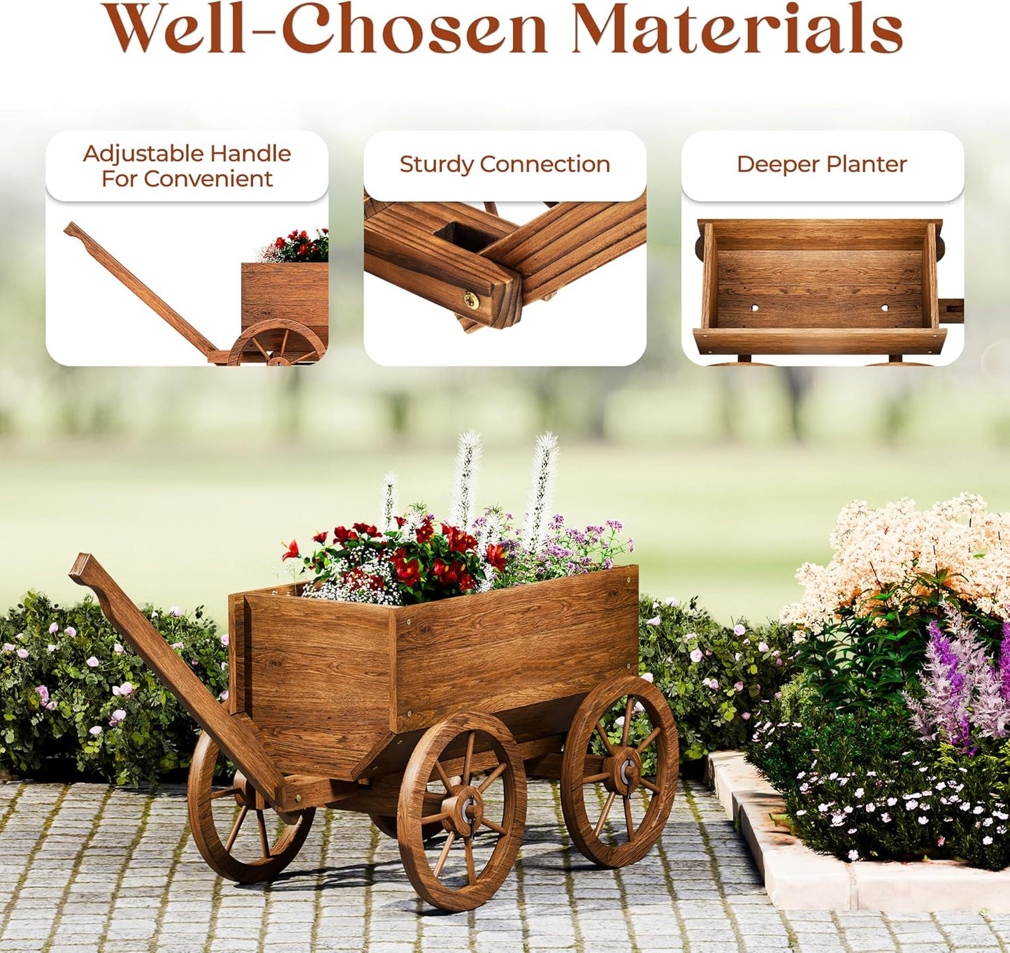 Wood Wagon Planter for Outdoor Balcony Decor - Garden Rustic Wooden Flower Cart with Wheels for Outside - Garden Decor - Amish Decorative Indoor - Wheelbarrow Planter for Patio