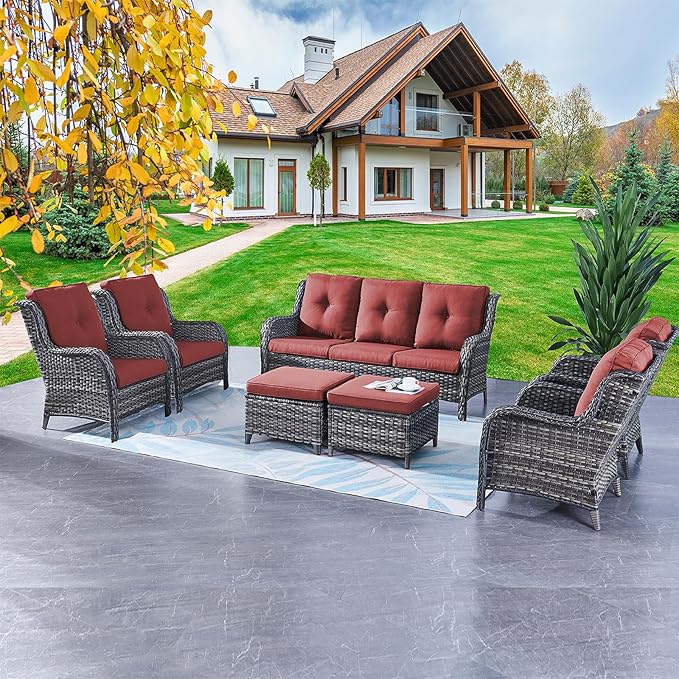 Rilyson Wicker Patio Furniture Chairs Set - 7 Piece Rattan Outdoor Sectional Conversation Sets with 1 Sofa,4 Armrest Chairs and 2 Ottomans for Porch Deck Garden(Mixed Grey/Red)