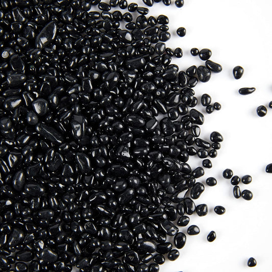 TWINKLING High Luster Round Fire Glass Stones,Glass Marbles Pebbles,Glass Beads Gems for Fire Pit Vase Fillers Crafts Aquarium Garden Decoration,3-6mm,1-Pound Jar (Black)