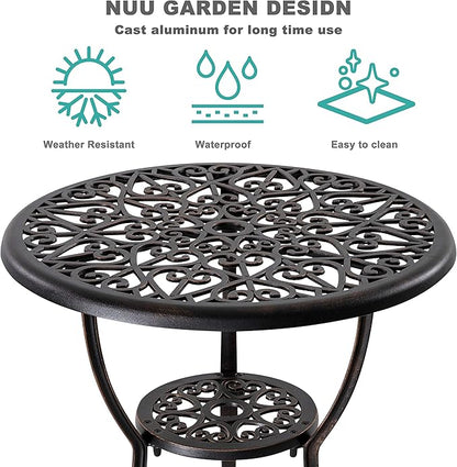 NUU GARDEN Bistro Set 3 Piece Outdoor All Weather Cast Aluminum Patio Bistro Set Patio Table and Chairs Set of 2 with Umbrella Hole for Backyard, Balcony, Front Porch, Lawn, Pool, Bronzer