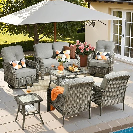 ovios 7 Pieces Patio Furniture Set, Outdoor Wicker Sofa with Swivel Chairs, Coffee Table, All Weather High Back Rattan Loveseat Couch with Comfy Cushions, Dark Grey