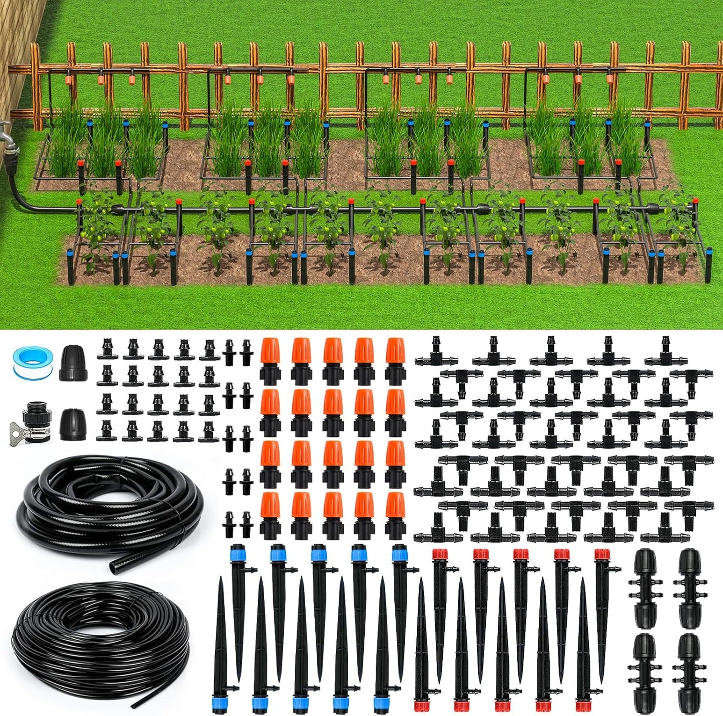 MIXC 226FT Greenhouse Micro Drip Irrigation Kit, Automatic Patio Plant Watering System with 1/4" & 1/2" Tubing, Adjustable Nozzles, Emitters, & Barbed Fittings for Efficient Irrigation