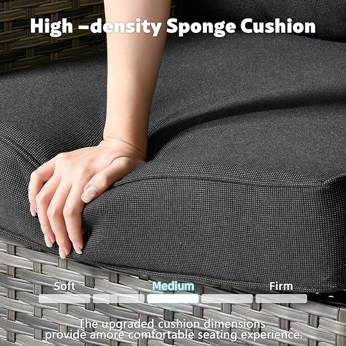 4-Piece Wicker Patio Furniture Set, All-Weather Rattan Conversation Bistro Loveseat Chair and Table Set for Backyard, Balcony and Deck with Soft Cushions and Metal Table(Black)