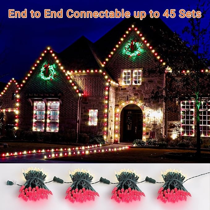 Brizled Red & Warm White Christmas Lights, 33ft 100 LED Faceted C5 Christmas String Lights, 120V UL Certified Xmas Tree Light Connectable White Xmas Light Indoor Outdoor for Home Tree Holiday Patio