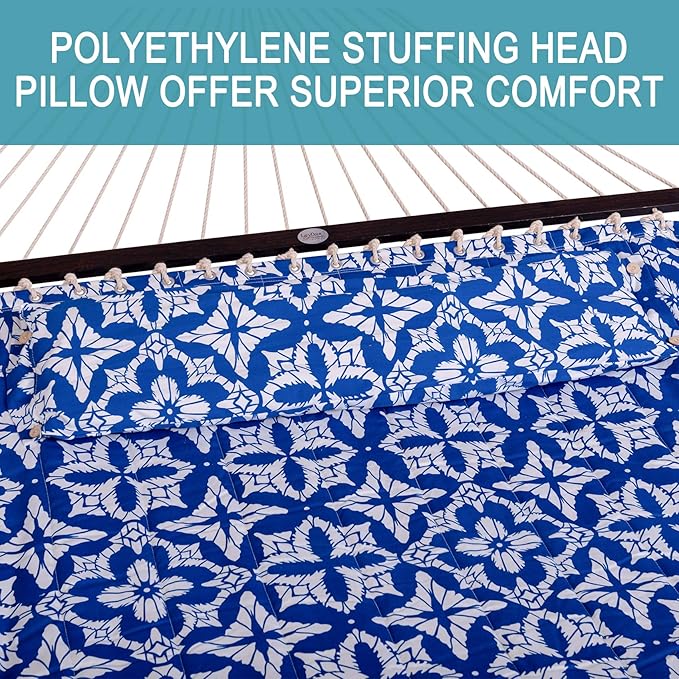 Lazy Daze Hammocks 12FT Quilted Fabric Hammock with Soft Pillow, Double 2 Person Tree Hammock with Spreader Bar for Outside Patio Poolside Backyard Beach, 450lbs Capacity