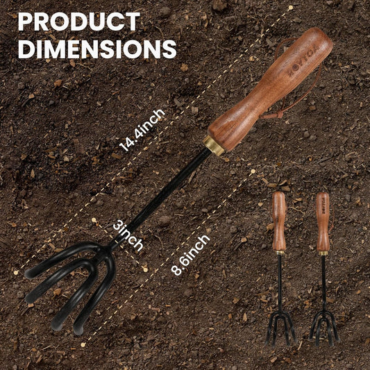 Hand Cultivator Rake, Ergonomic Small Garden Rake with Walnut Handle & 4 Durable Tines, Garden Tools for Weeding, Digging and Cultivating