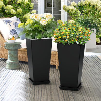 Set of 2 Large Tall Planter for Indoor or Outdoor 24" Flower Pots Tapered Tall Planters with Tray for Porch, Patio, Backyard, Large Planters for Outdoor Indoor Plants(Black)