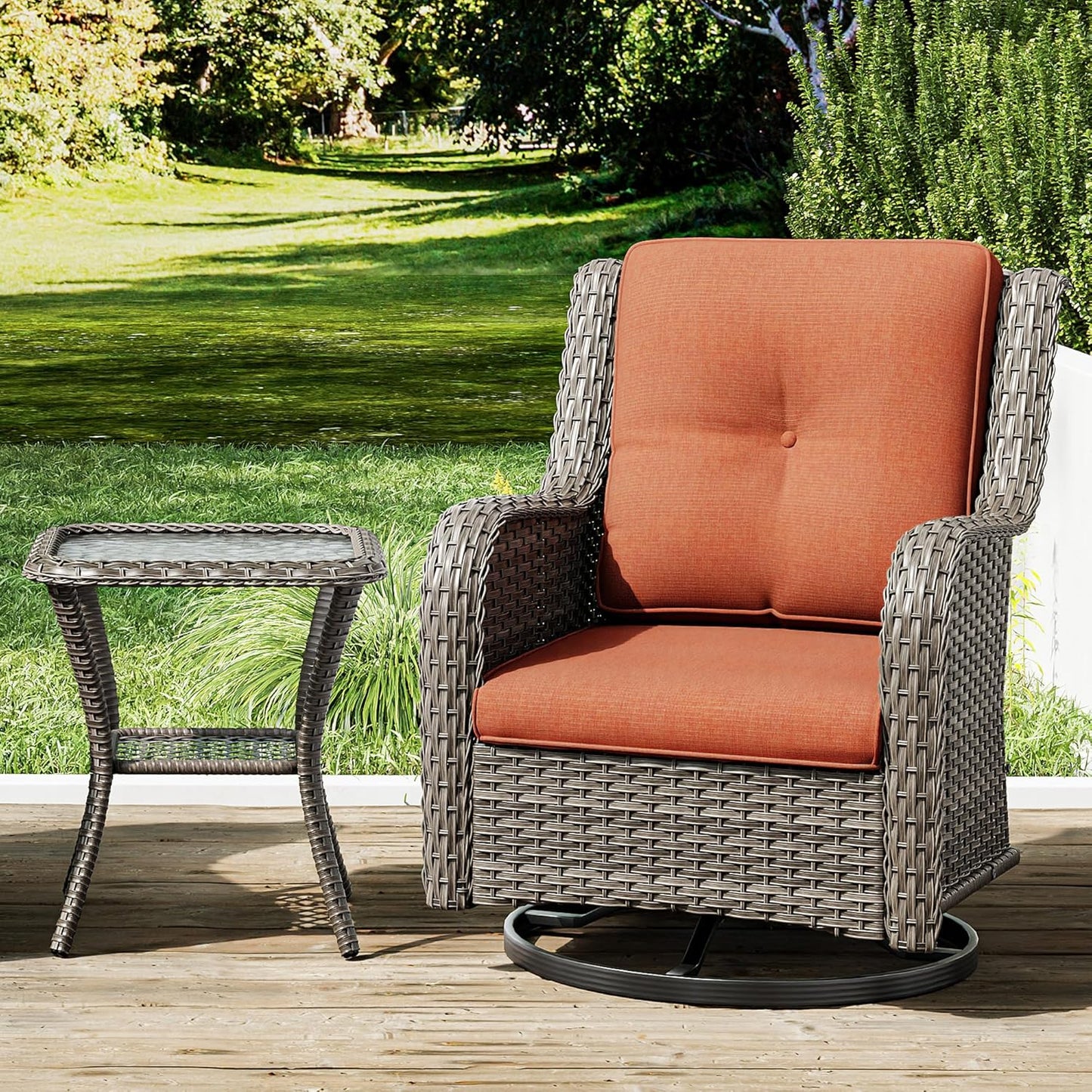 Joyside Outdoor Swivel Rocker Patio Chair and Matching Side Table - 2-Piece Wicker Patio Bistro Set with Premium Fabric Cushions (Brown Mixed with Grey/Orange)