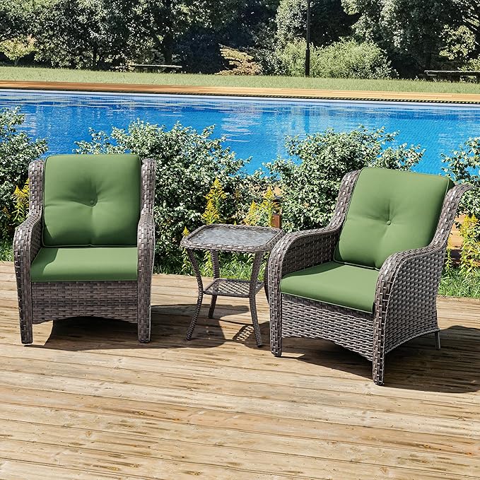Joyside Patio Bistro Set Wicker Chairs - 3 Piece Outdoor Rattan Conversation Set with 2 Armrest Chair and 1 Side Table for Proch Deck Garden Backyard Balcony(Mixed Grey/Green)