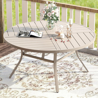 VICLLAX Round Patio Table with Adjustable Umbrella Hole for 8, All Weather Metal Outdoor Dining Table for Lawn Garden, 53.1" Outdoor Coffee Table, Cream Color Frame