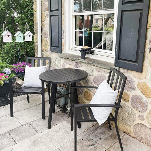 PHI VILLA 3 Piece Outdoor Patio Bistro Dining Set, Slatted Metal Round Table & 2 Patio Chairs, Outdoor Furniture Set for Porch, Deck