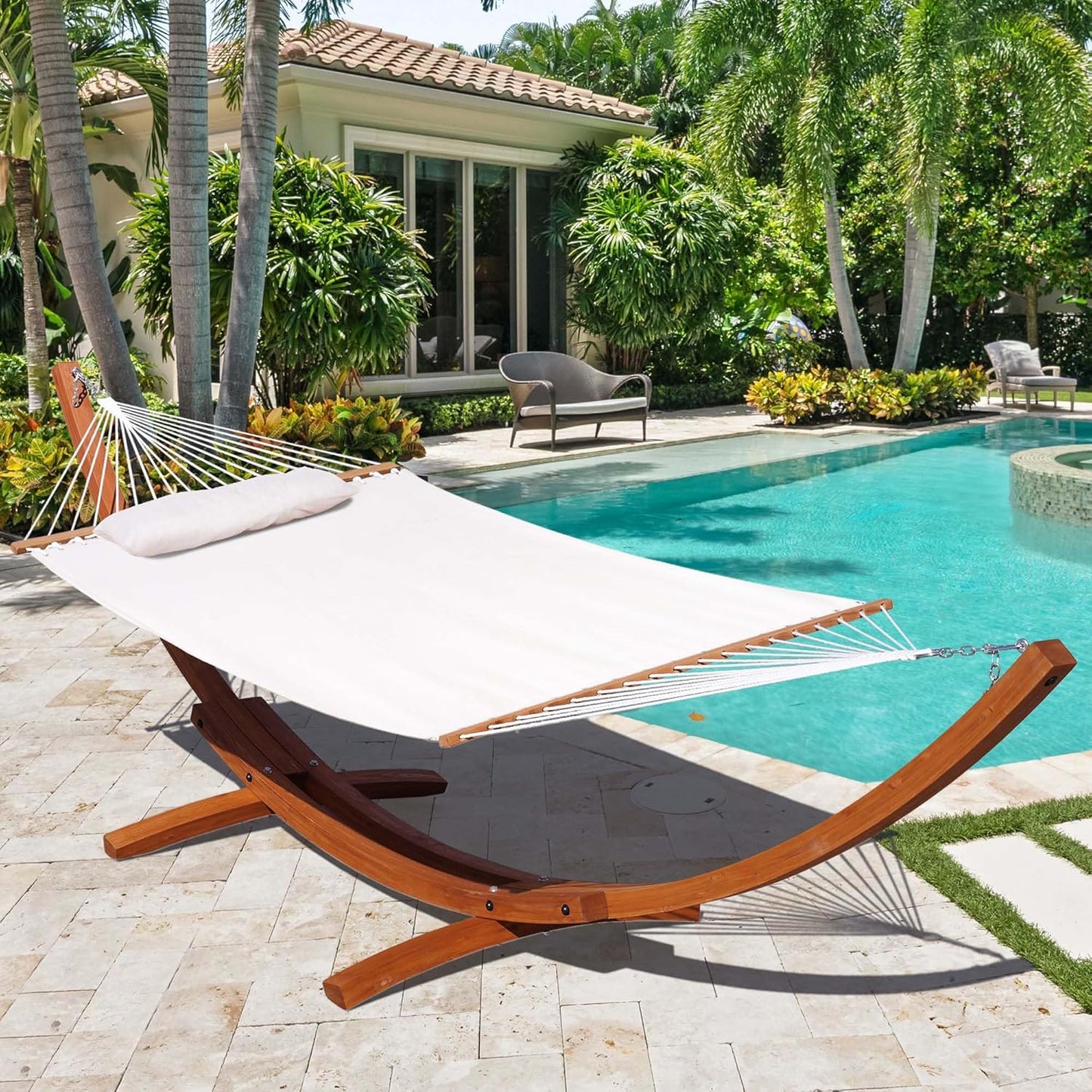 Lazy Daze 12 FT Sunbrella Fabric Hammock not Fading with Spreader Bars and Free Pillow Fits for Two Persons, All Weather and Fade Resistant for Patio Yard, 450 lbs Weight Capacity,Cast Pumice