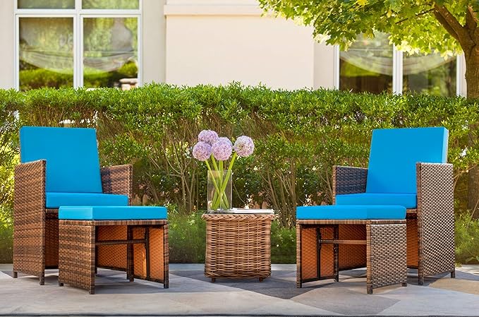Devoko 4 Pieces Patio Wicker Furniture Set Outdoor Patio Chairs with Ottomans All Weather Cushioned Chairs Balcony Porch Furniture (Blue)