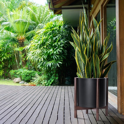 D'vine Dev Planter Pot with Stand - 14 Inch Plastic Cylinder Flower Pot with Wood Planter Holder for Indoor, Matte Black Pot + Walnut Color Stand, 55-C-R-2