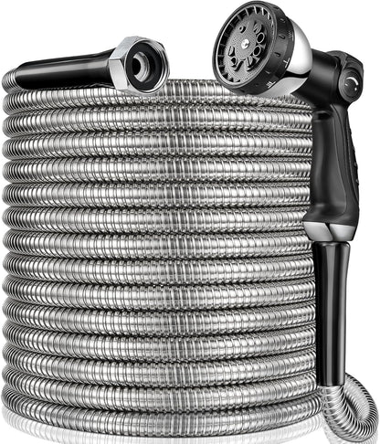 50 ft Garden Hsoe - 2025 New 304 Stainless Steel Garden Hose with 10-Function Spray Gun, 3/4'' Copper-Chrome Fittings – Lightweight, Durable, and Kink-Free, Metal Water Hoses for Gardening