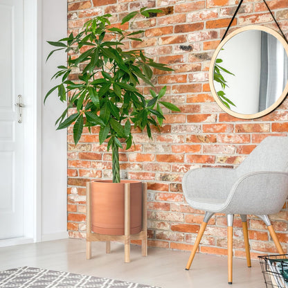 D'vine Dev Terracotta Planter with Natural Stand - 12 Inch Modern Round Flower Pot with Wood Planter Holder, Terracotta, 55-B-J-5