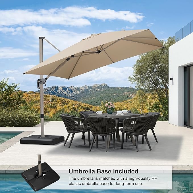 PURPLE LEAF 10FT Patio Umbrella with Base Cantilever Umbrella Square Outdoor Offset Umbrella with Champagne Frame and 360° Rotation for Garden Deck Pool, Beige