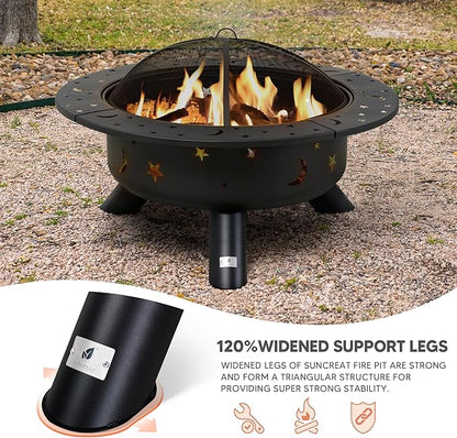 SUNCREAT 42" Extra Large Bonfire Fire Pit, Steel Round Fire Pit Table for Backyard, Garden, Outside, Star Pattern
