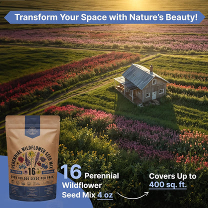 Organo Republic 16 Perennial Wildflower Seeds Mix for Indoor & Outdoors. 100,000+ Non-GMO, Heirloom Wildflower Garden Seeds, 4oz Packet for Growing Wild Flowers to Attract Bees, Butterflies & Birds
