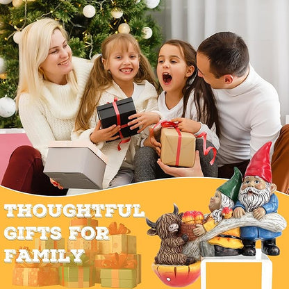 Garden Gnomes & Highland Cow with Mushroom Solar Light, Garden Gnomes Outdoor Statue Solar Yard Decorations for Patio Lawn Porch Accent (Couple Gnome Figurine)