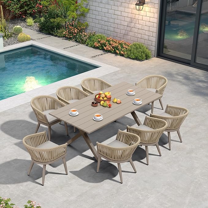 PURPLE LEAF 9 Pieces Outdoor Dining Set with Patio Aluminium Dining Table and Wicker Rattan Chairs Modern Furniture Cushions Sets for Backyard Indoor Decor Kitchen Champagne