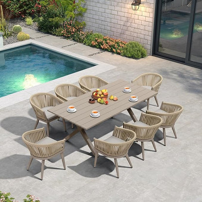 PURPLE LEAF 9 Pieces Outdoor Dining Set with Patio Aluminium Dining Table and Wicker Rattan Chairs Modern Furniture Cushions Sets for Backyard Indoor Decor Kitchen Champagne