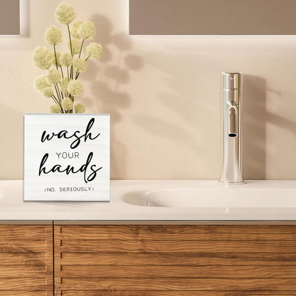 Wash Your Hands No Seriously Wooden Sign - Funny White Block Plaque Desk Decoration-5x5 inches Rustic Wood Block Gifts For Friends Family Coworkers-Restroom Bathroom Tabletop Favors & Supplies-A05